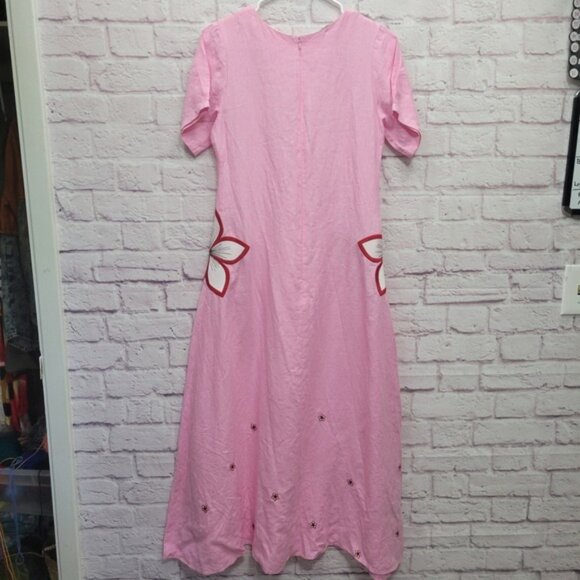 Fanm Mon Pink 100% Linen Dress Size S Short Sleeve Embroidered Floral Cottage - Picture 7 of 9